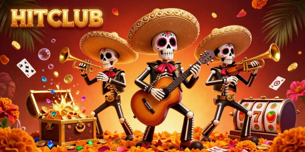 The HITCLUB casino scene features a mariachi band alongside vibrant game elements like floating cards and gold coins.