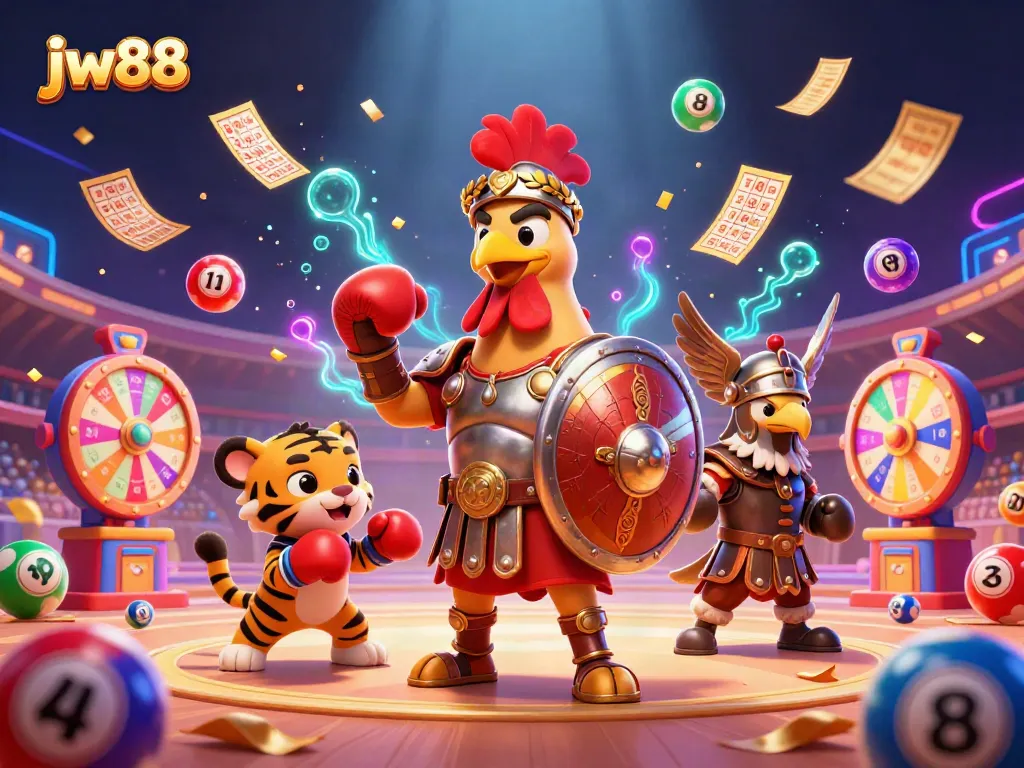 Engage with the vibrant world of jw88, featuring a gladiator rooster and dynamic gambling elements.