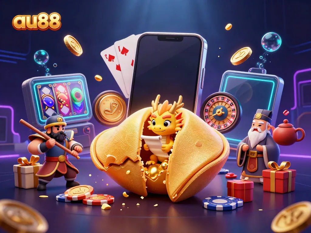 Experience gaming magic at au88 with a vibrant dragon and golden treasures in this dynamic illustration.