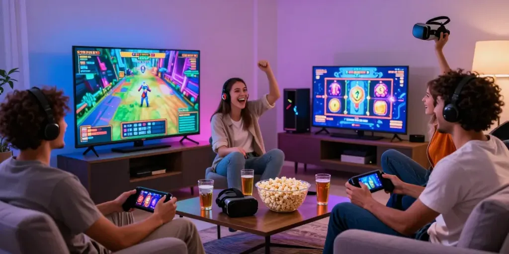 Friends enjoying lumbung88 online games in a cozy living room with vibrant visuals and snacks.