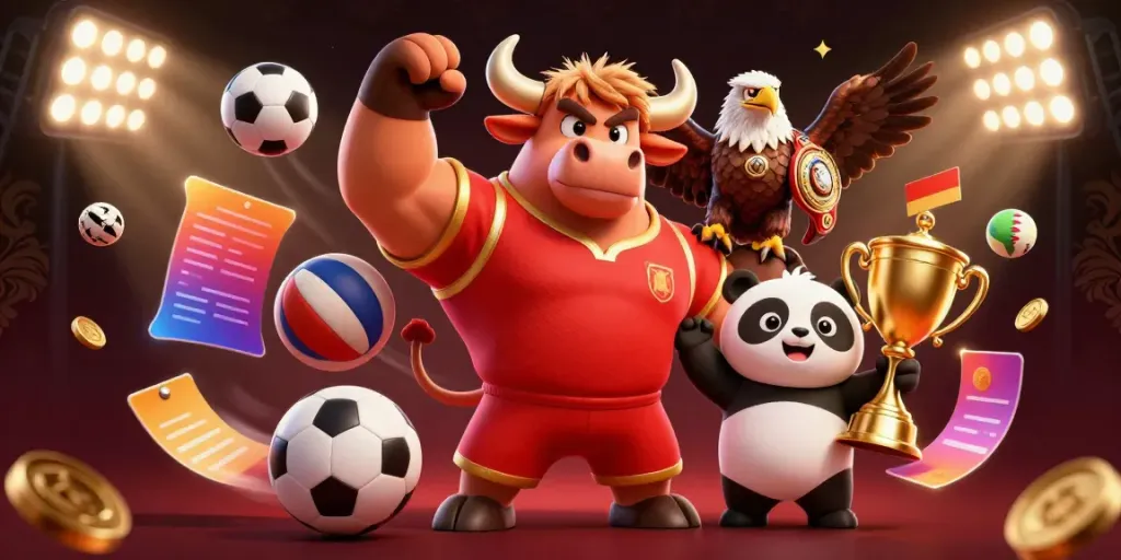 Experience thrilling action on kuwin with a dynamic scene of a bull mascot, eagle, and panda gaming champions.