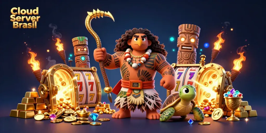 Spin to win with Cloud Server Brasil's dynamic gaming elements set in a vibrant 3D illustration of luck and treasures.