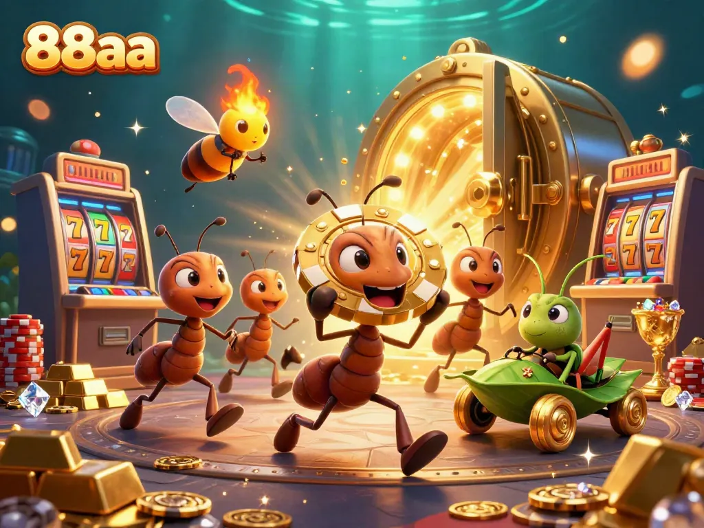 Engage with exciting casino thrills at 88aa, where 3D ants joyfully run with a giant poker chip amidst a sparkling heist.