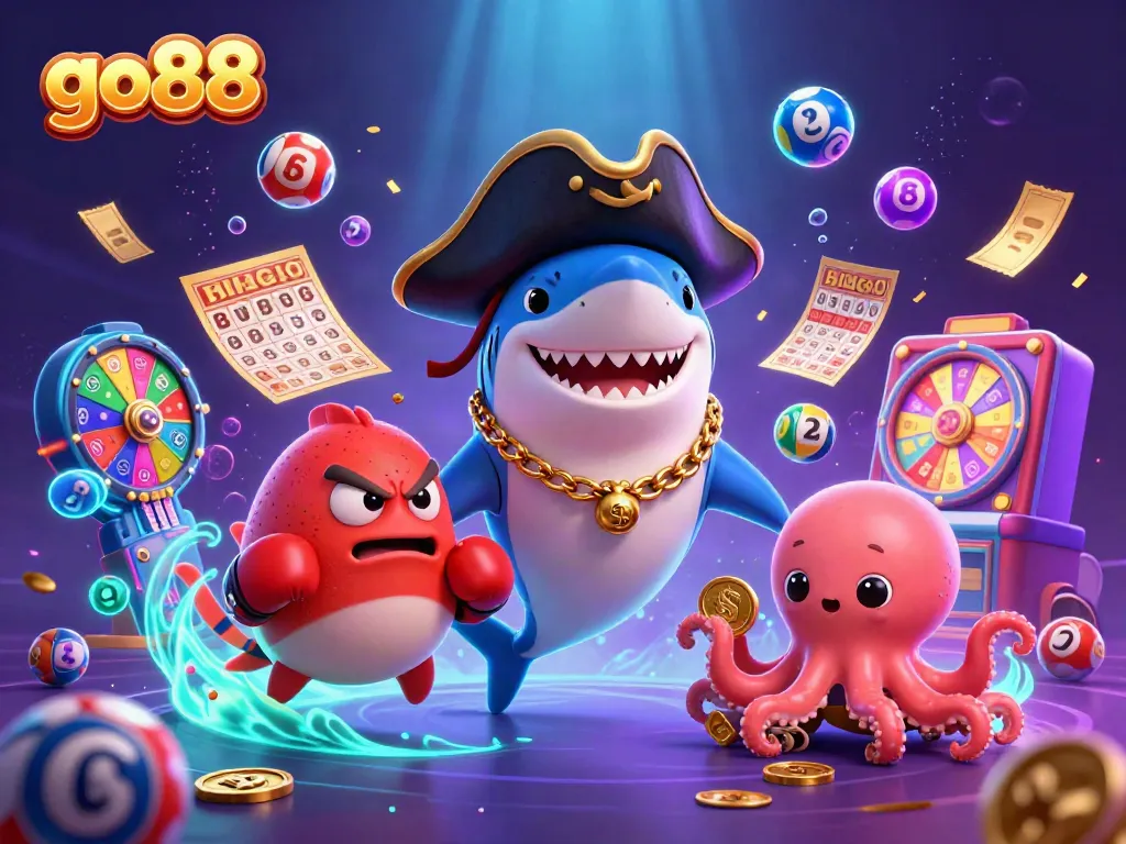 Engage with the go88 excitement featuring illustrated casino characters and vibrant game elements.