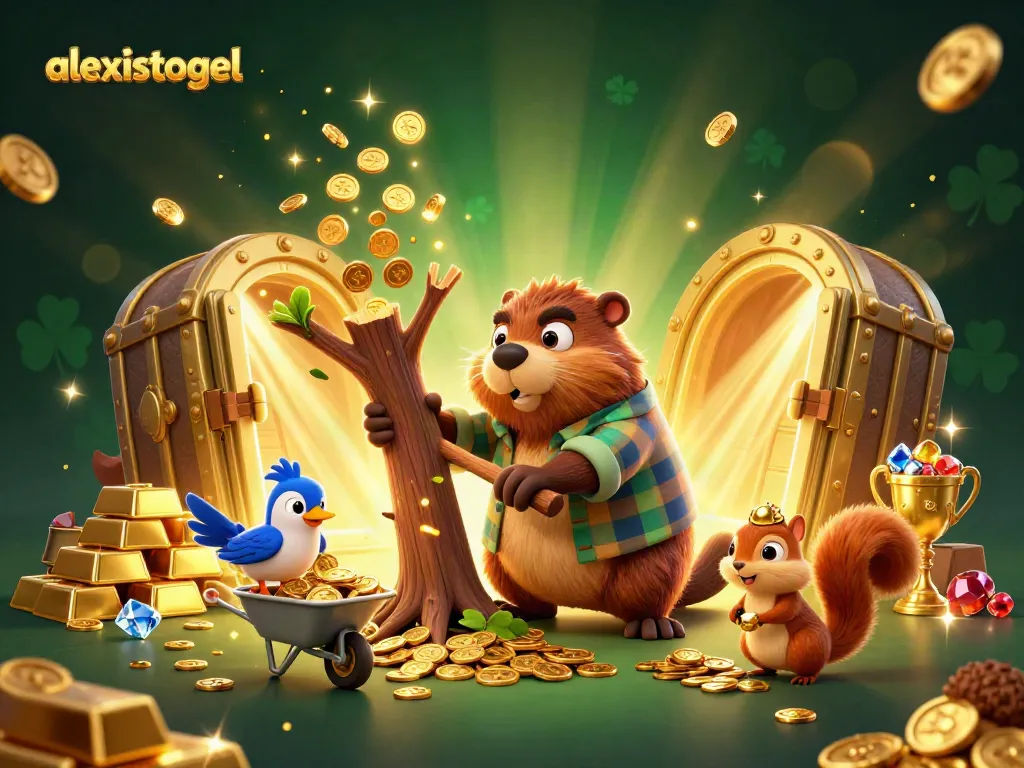 Ilustrasi animasi 3D beaver pemotong pohon yang menghasilkan koin emas, menampilkan alexistogel.