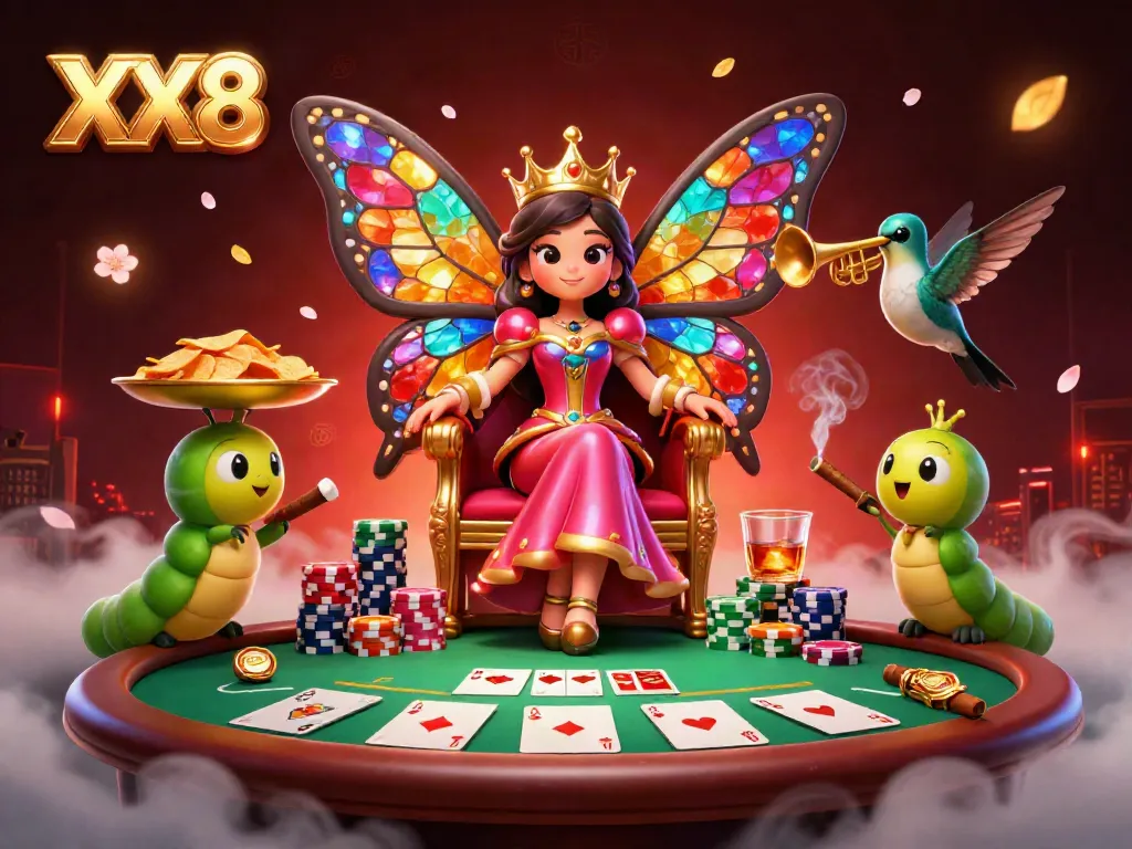 Experience winning in XX8 with a vibrant 3D casino scene showcasing the butterfly queen and poker elements.