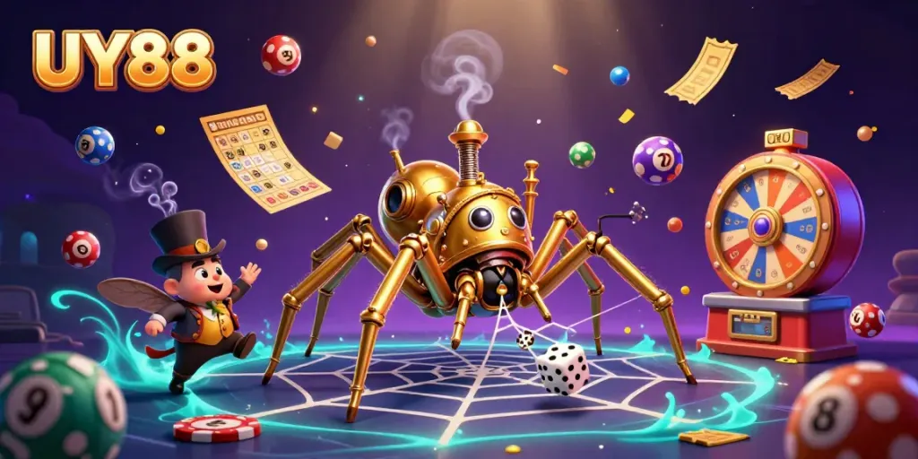 Experience UY88's exciting world with a golden spider weaving luck and vibrant lottery games.