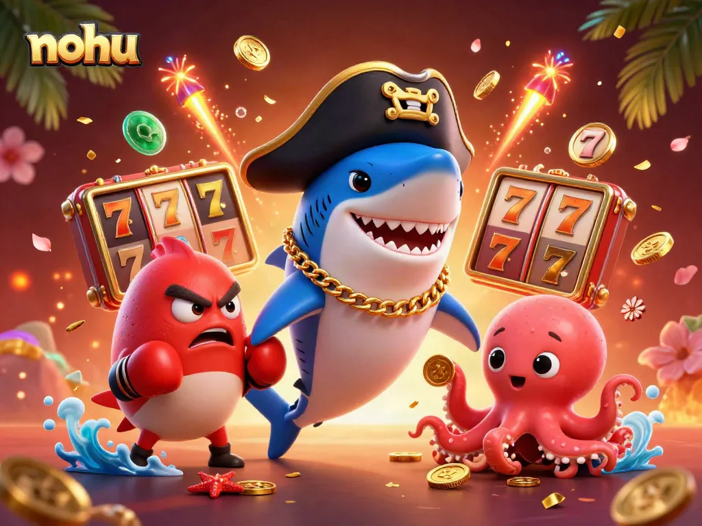 Engaging illustration of nohu-themed characters celebrating jackpot wins in a vibrant casino setting.