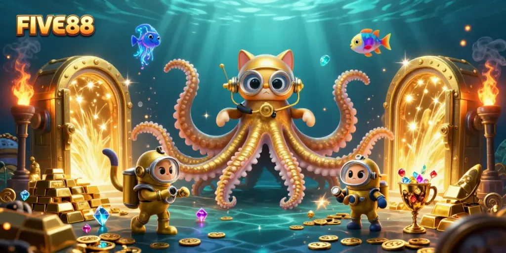 Engage with the thrilling depths of FIVE88's ocean casino with a kraken and diving cat.