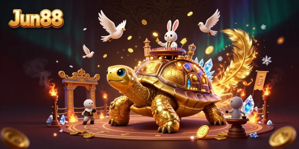 Experience the excitement of Jun88's casino with a golden tortoise and dealer in a vibrant game atmosphere.