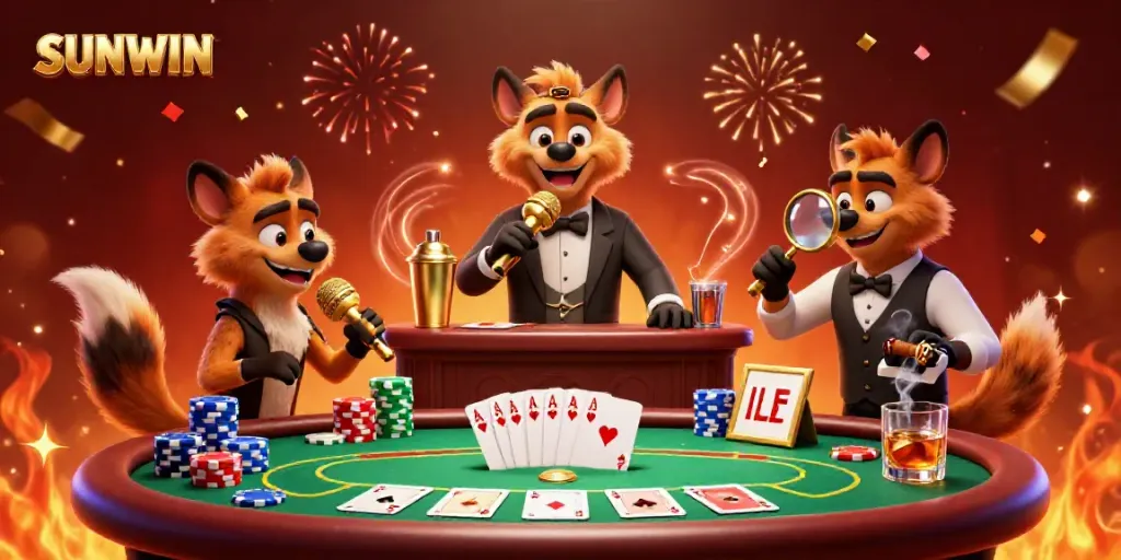 SUNWIN-themed casino scene featuring hyenas in comedic roles with vibrant decorations and gaming elements.