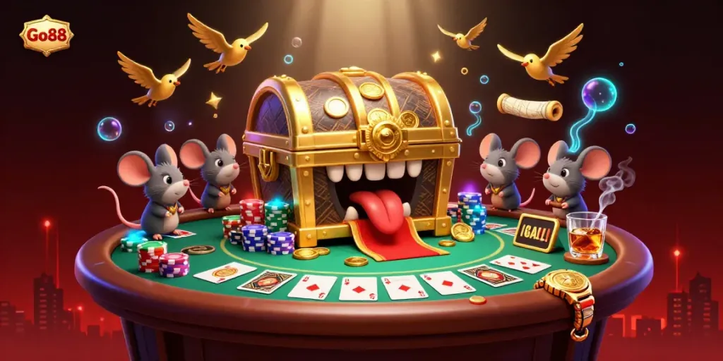 Experience riches with Go88 as vibrant treasure chest lures adventurer mice in a lively casino scene.