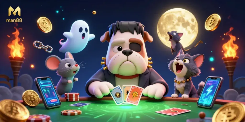 Engage with man88 as a Frankenstein bulldog moonlights as a card dealer amid colorful gaming elements.