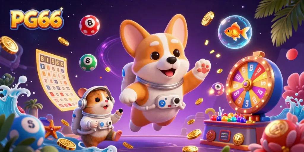 Join the fun at PG66 and float among the winnings in this vibrant casino scene featuring colorful lottery balls and festive game elements.