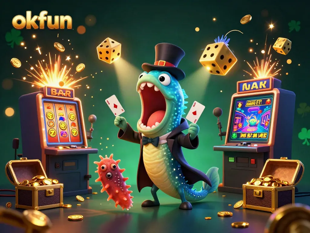 Win big with OKFUN's dynamic 3D gambling scene featuring jackpot celebrations and vibrant casino games.