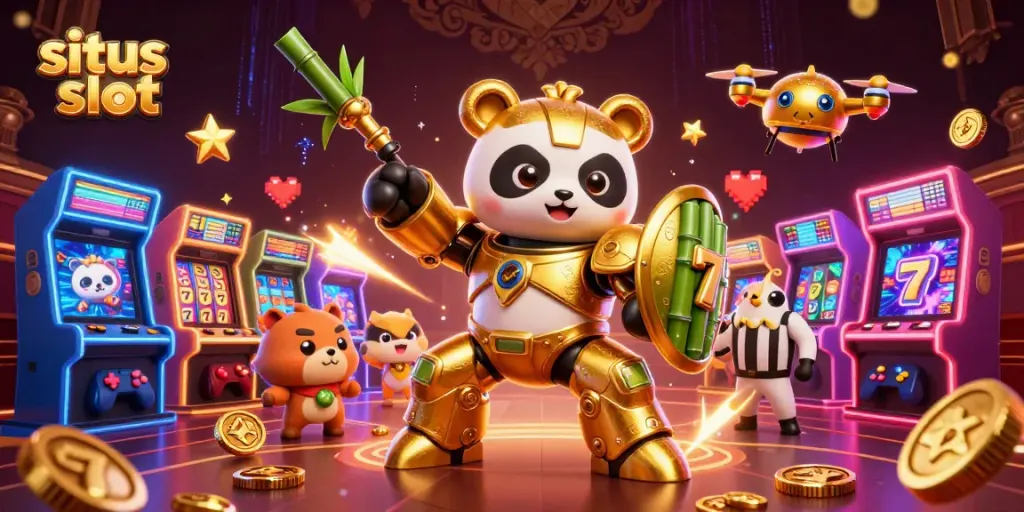 Experience situs slot excitement with a dynamic golden panda in a casino arena.