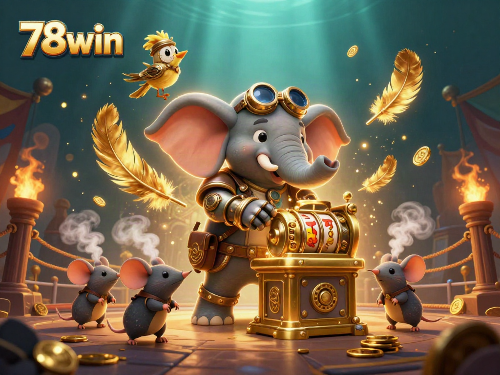 Experience the thrill of 78win with steampunk characters at a vibrant casino adventure, surrounded by dynamic gaming elements.