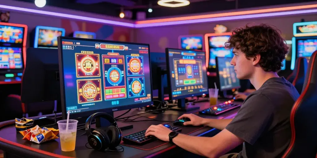 Pengalaman bermain dengan wismabet di kasino digital penuh warna dan neon.