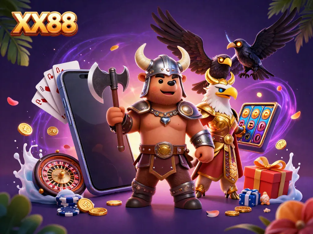 Play games and win big with the vibrant world of XX88, featuring a Viking berserker and thrilling casino elements.