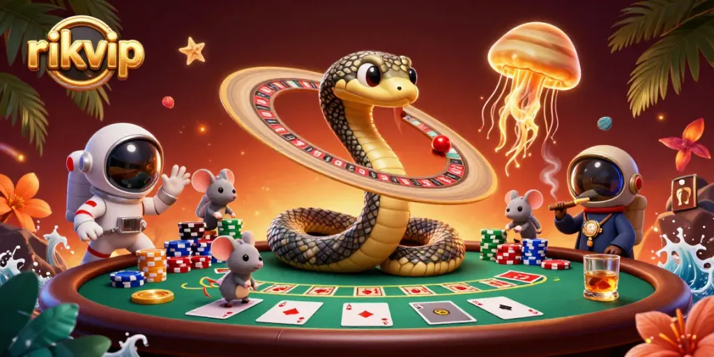 Experience the thrilling betting atmosphere of rikvip in this 3D illustration featuring cosmic characters and vibrant game elements.