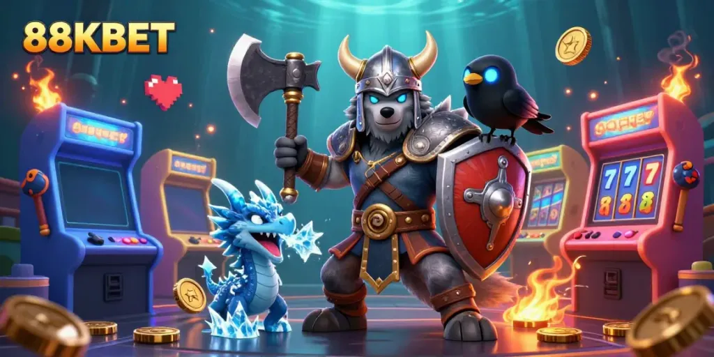 Experience thrilling slot action with 88KBET showcasing adventure-filled characters in a vibrant casino scene.
