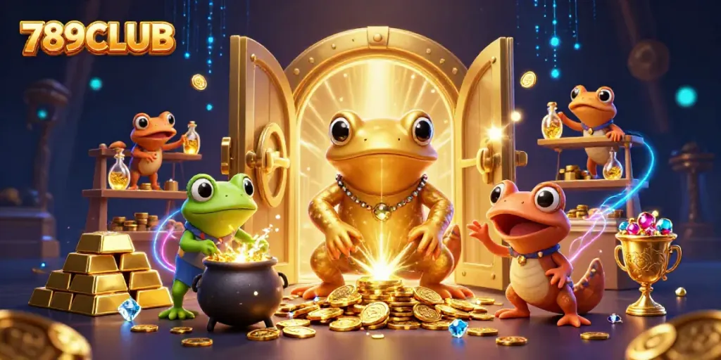 Experience the magic of 789CLUB with gold coins and enchanting characters in this 3D casino illustration.