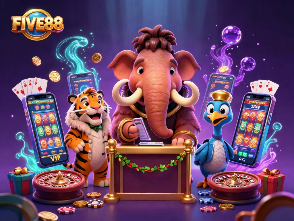 Engage in thrilling gaming at FIVE88 with vibrant characters and exciting casino elements.