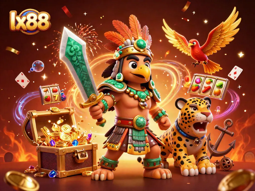 Experience thrilling gameplay with lx88 slot reels and festive Aztec warriors amid a treasure explosion!