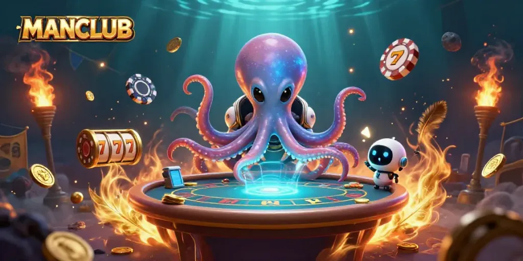 Engage in thrilling poker action with MANCLUB's vibrant alien octopus and holographic table.
