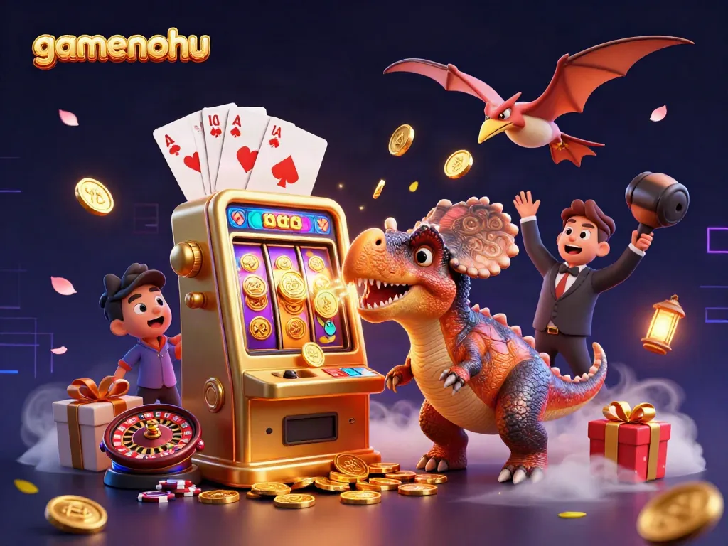 Gamenohu celebrates casino wins with a dino headbutting a jackpot slot machine in a vibrant scene.