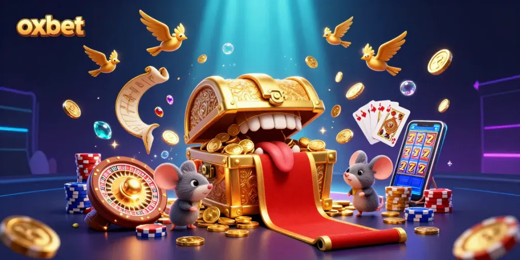 Engage with oxbet's thrilling casino world featuring a treasure chest luring adventurer mice amidst vibrant golds and jewels.