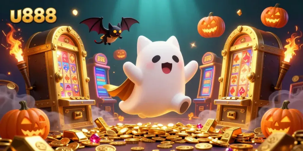 Join the u888 ghost cat and bat in a vibrant casino, celebrating with jackpots and treasures.