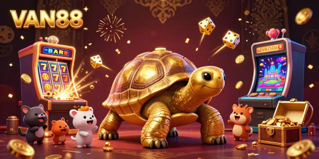 Engaging VAN88 illustration showcasing golden tortoise and vibrant casino elements in action.