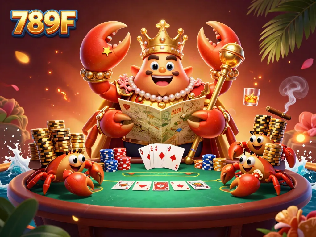 Engage in thrilling gameplay at 789F with a vibrant casino scene featuring a golden crab emperor and poker elements.