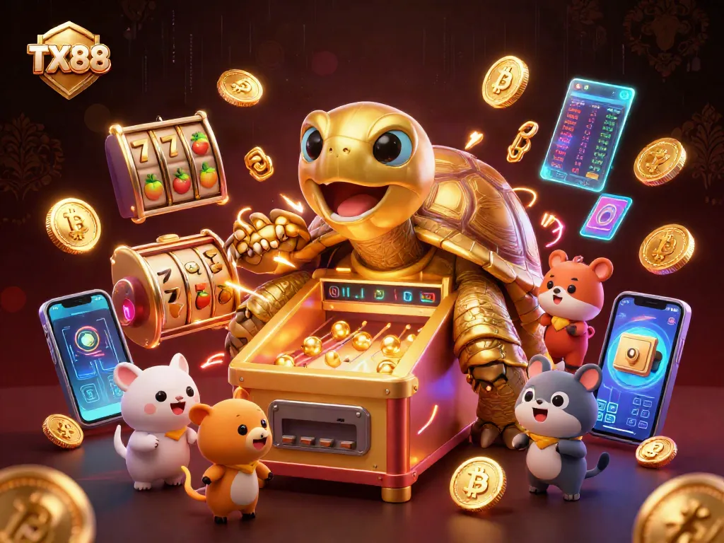 Engage with TX88's exciting gambling ecosystem featuring animated game elements and vibrant 3D characters.