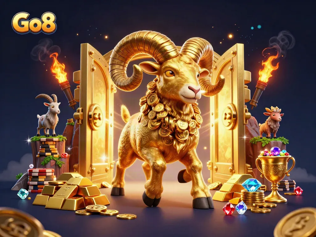 Go8 showcases a golden ram crashing through treasure while gamblers celebrate riches in a dynamic casino scene.