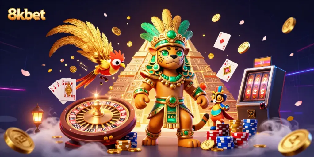 8kbet showcases a vibrant 3D casino scene featuring a Mayan jaguar priest amidst golden casino elements.