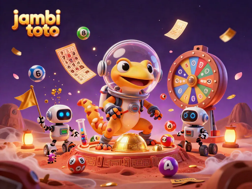 Engage in jambi toto's thrilling lottery discoveries with vibrant Martian characters and casino imagery.