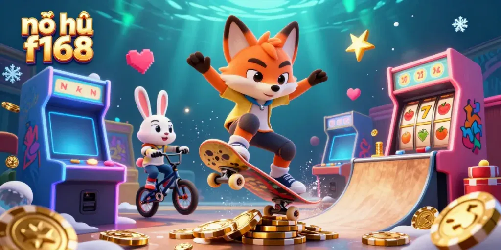 Experience the excitement of nổ hũ f168 with a skateboarder fox and a BMX rabbit amid vibrant casino symbols.