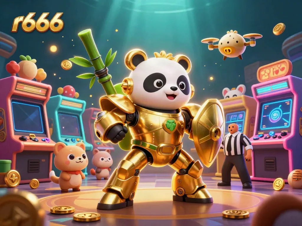 Experience thrilling gameplay with the r666 mech-suit panda amidst vibrant slot machines and glowing game elements.