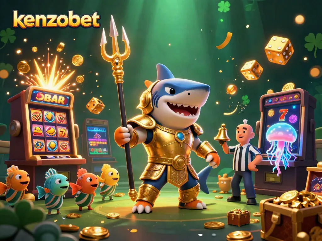 Engage in thrilling gameplay at kenzobet featuring dynamic slot machines, a tiger shark in golden armor, and festive overflow of gold.