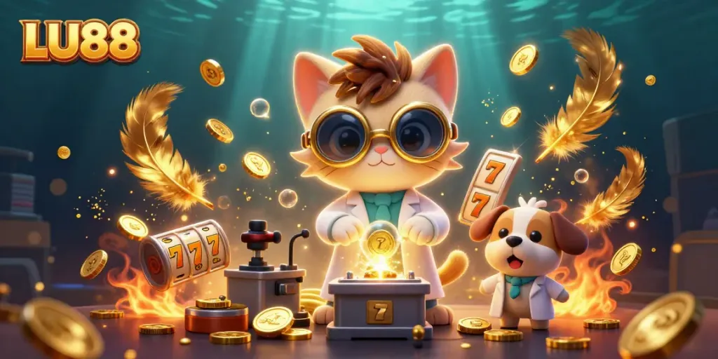 Engage with LU88 in a thrilling casino scene featuring mad scientist cat and golden elements.