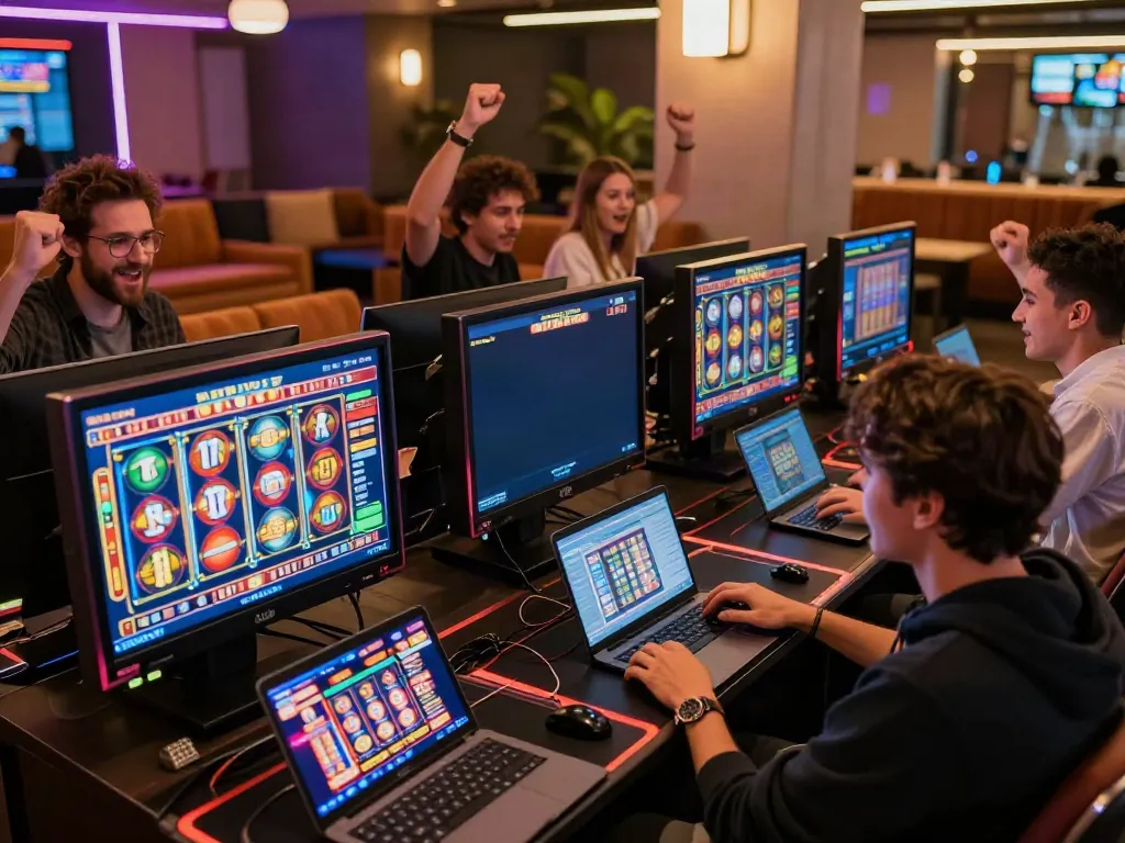 Pengalaman bermain slot online dengan pemain bersemangat merayakan kemenangan kecil di lounge modern.