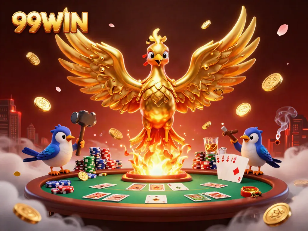 Experience the vibrant atmosphere of 99WIN with golden phoenix symbolizing fortune and excitement in online gambling.