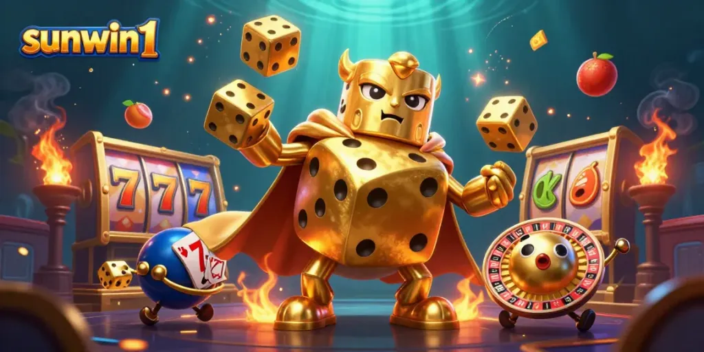 Engage with sunwin1's lively slots scene featuring a golden dice golem and vibrant game elements.