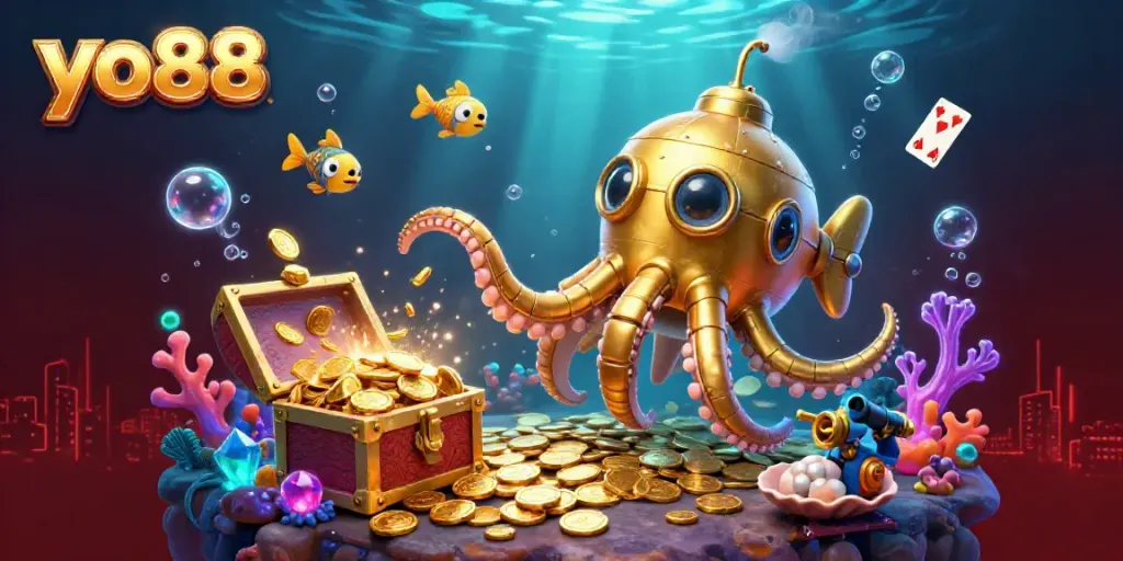 Experience the excitement of yo88 with a vibrant underwater casino scene featuring a golden kraken and coins.