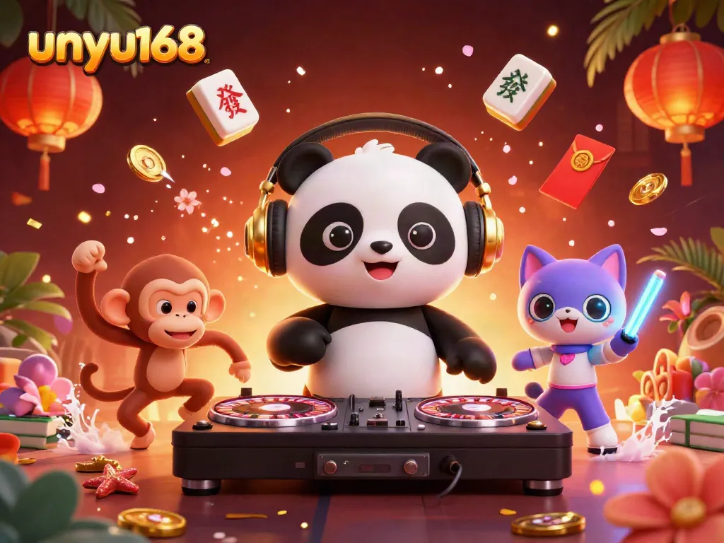 Gamer unyu168 merasakan keseruan dengan DJ panda dan kucing bersemangat dalam suasana kasino.