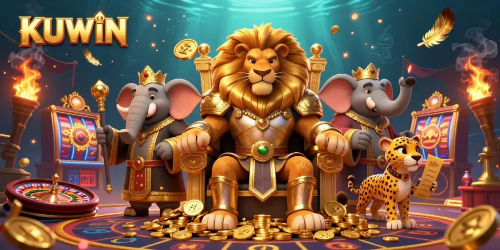 KUWIN gamblers engage in exciting casino activities with lively casino characters and vibrant themes.