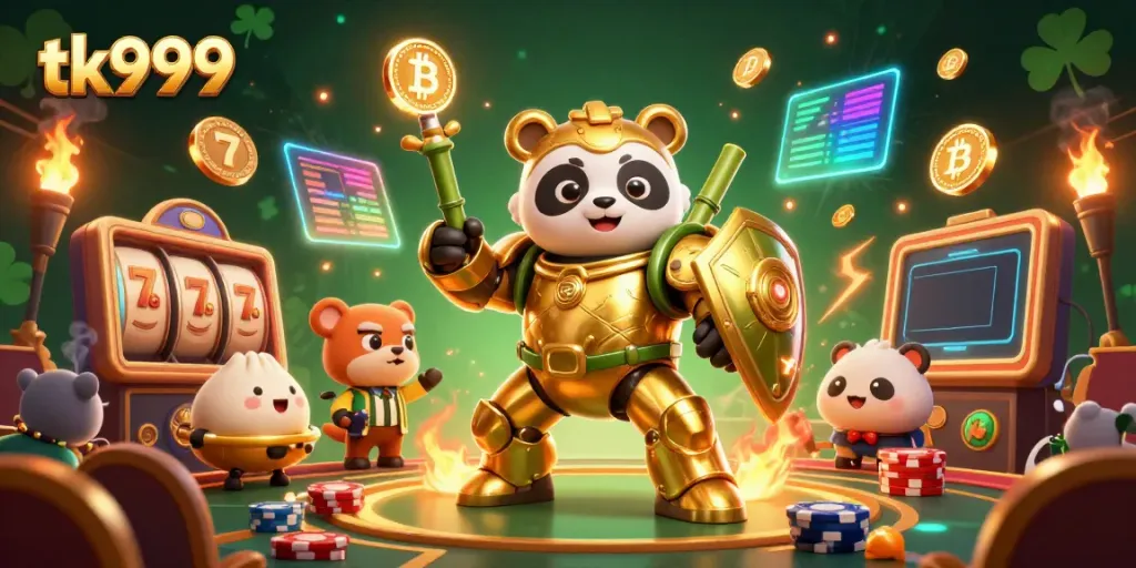 Engage with tk999 in this thrilling casino scene showcasing a golden panda mech piloting a bamboo robot amid vibrant slot games.