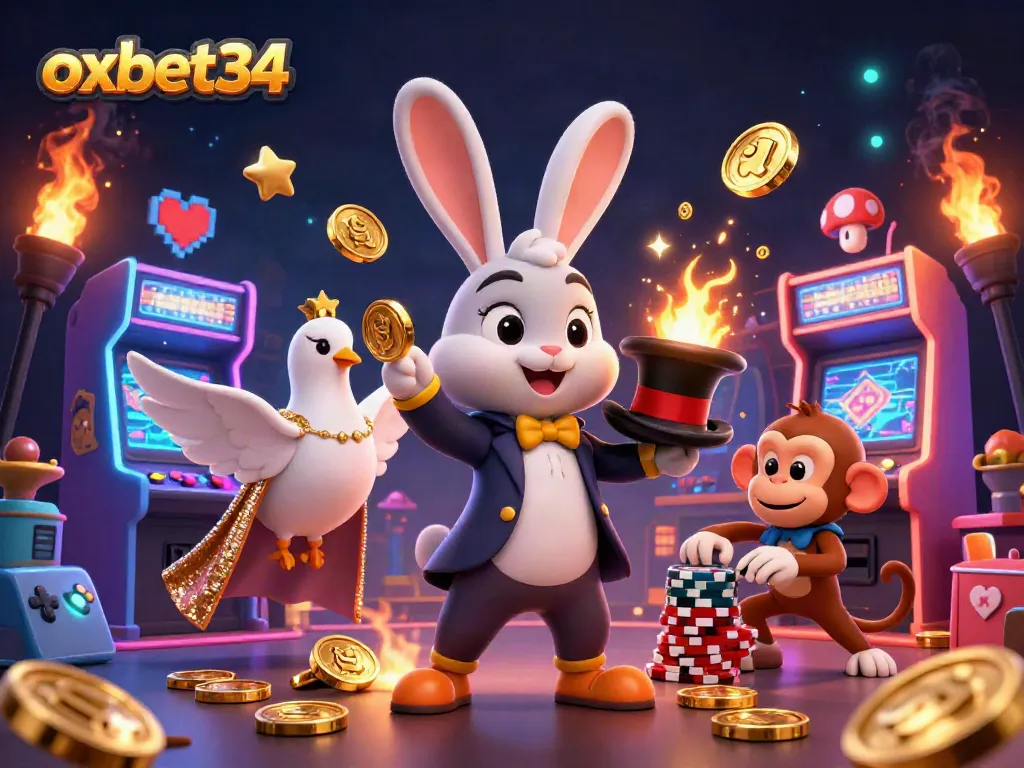 Experience oxbet34's vibrant casino action with a magician pulling coins and playful characters.